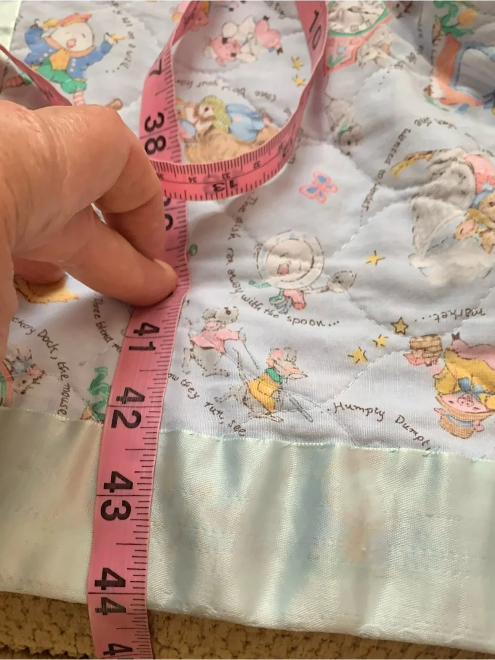 Vintage Quilted Mother Goose Baby Throw w/Trim Pastel Mint & Multi-Color